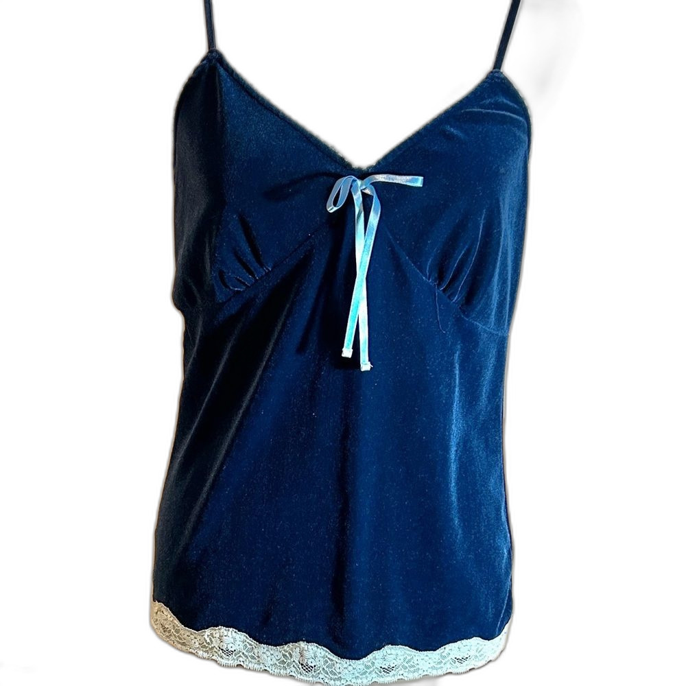 Old Navy Teal Velvet Camisole Top Lace Trim Perfect Fit Size L Blue Velvet Tank